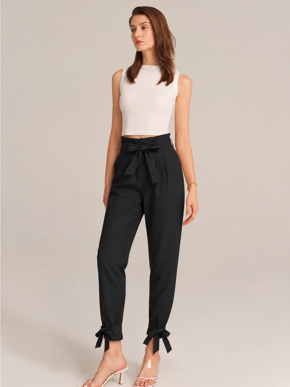 Grace Karin Black Paperbag Waist Bow Ankle Pants Medium